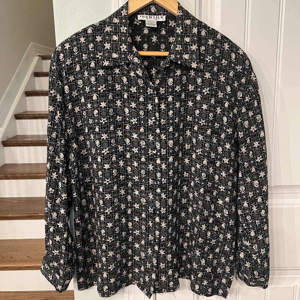 Juansilk 100% Silk Button Down Shirt Women’s XL Black White Floral Artsy Print
